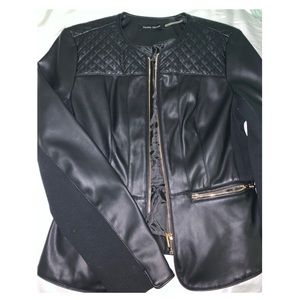 Black Faux Leather Jacket with Gold Accent
